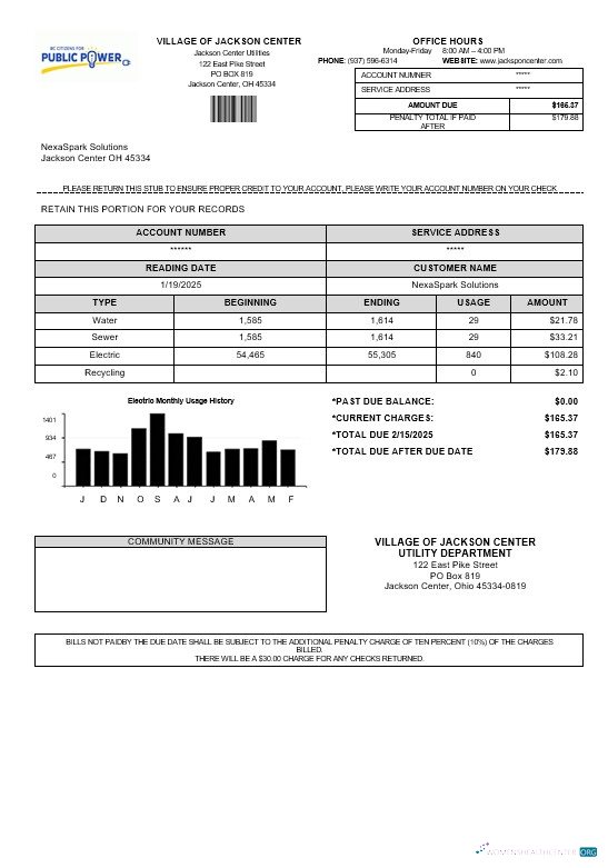 USA Ohio Village of Jackson Center Public Power business utility bill template in Word and PDF formats